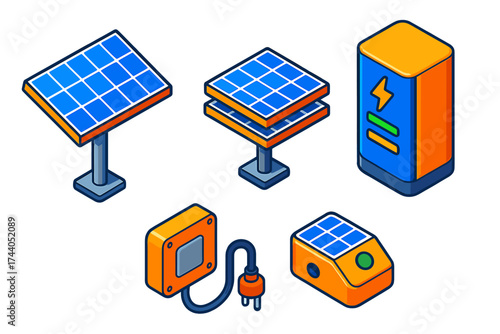 Solar Panel Systems. Isometric vector illustration set Solar Panel Systems: fully extended solar array, retractable panel set,