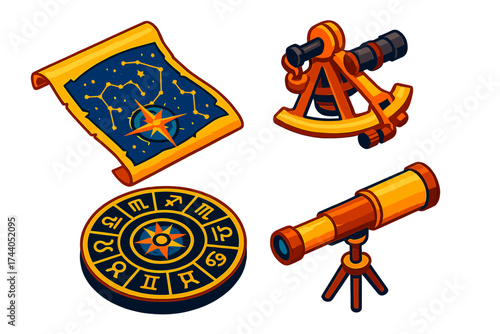 Ancient Star Charting Tools. Isometric vector illustration set Ancient Star Charting: parchment-style constellation map, sextant
