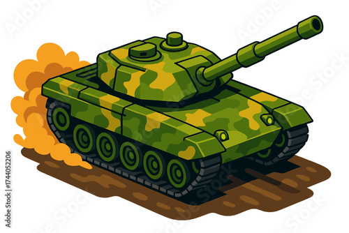 Vibrant Tank Maneuver. Isometric vector illustration set Tank Maneuver Scene: tank in motion over dirt, cannon aimed forward,