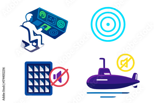 Stealth Submarine Icons. Isometric vector illustration set Silent Operation Mode: dimly lit control room, sonar-only navigation,