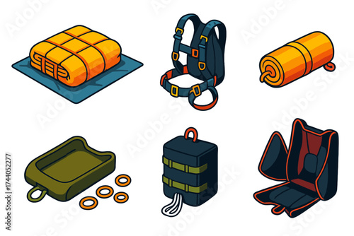 Parachute Packing Essentials. Isometric vector illustration set Parachute Packing Gear: folded canopy on tarp, harness beside,