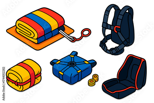 Parachute Packing Essentials. Isometric vector illustration set Parachute Packing Gear: folded canopy on tarp, harness beside,