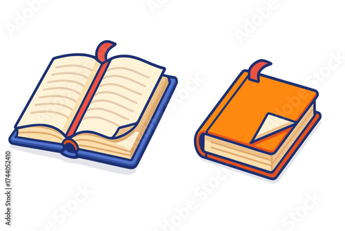 Vibrant Bookmarks Illustration. Isometric vector illustration set Reading Bookmark Concept: open book with fabric bookmark between
