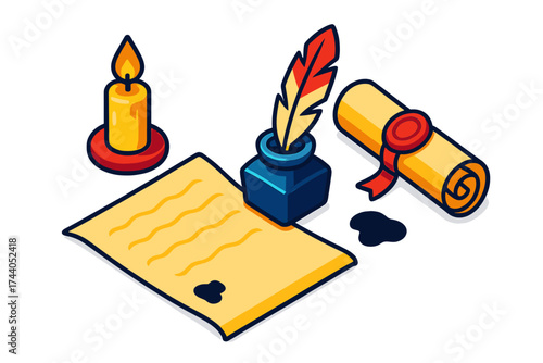 Writing Desk Essentials. Isometric vector illustration set Writing Desk Essentials: parchment laid flat, inkpot with feather