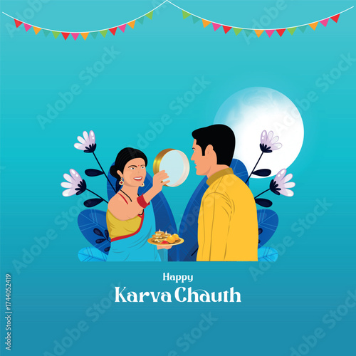 Happy Karva Chauth greeting with a couple celebrating the ritual. The wife looks at her husband through a sieve against a moonlit, floral backdrop. A modern flat design on a blue background.