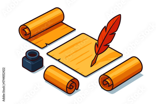 Parchment Tools Layout. Isometric vector illustration set Parchment and Tools Layout: top-down view of scrolls, inkpot, open