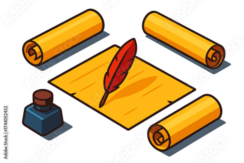 Parchment Tools Layout. Isometric vector illustration set Parchment and Tools Layout: top-down view of scrolls, inkpot, open