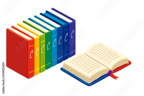 Colorful Book Spine Display. Isometric vector illustration set Books and Author Highlight: author’s signature symbol printed