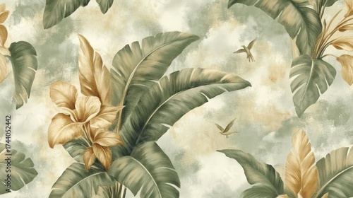 Wallpaper Mural Lush tropical foliage and tan flowers with birds creates a serene, repeating design Torontodigital.ca