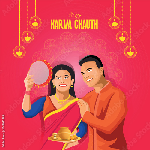 Happy Karva Chauth greeting with a smiling Indian couple. The wife holds a sieve and puja thali with a kalash and diya. Traditional artwork on a vibrant pink background with hanging lamps.