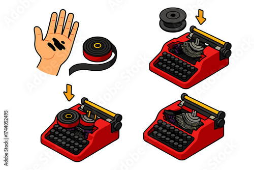 Typewriter Ribbon Refill. Isometric vector illustration set Typewriter Ribbon Refill Process: spool being replaced, old ribbon