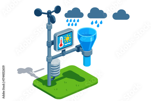 Weather Station Icons. Isometric vector illustration set Weather Station with Rain Gauge: full weather station including