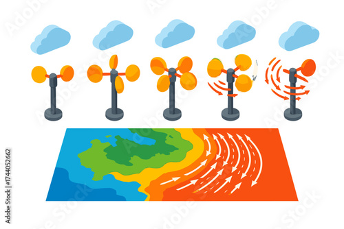 Wind Speed Anemometers. Isometric vector illustration set Wind Speed Zones Illustration: four anemometers spinning at different