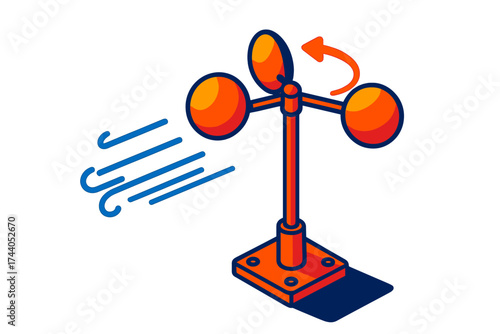 Bold Anemometer Design. Isometric vector illustration set Classic Anemometer Device: three-cup anemometer mounted on a vertical