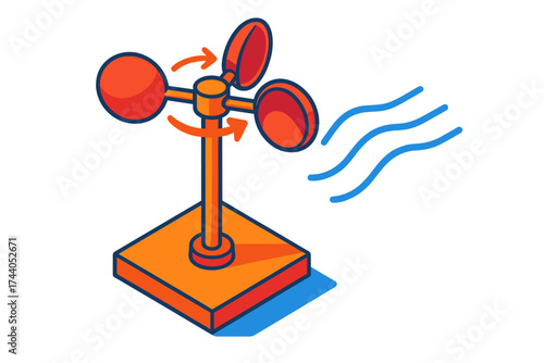 Bold Anemometer Design. Isometric vector illustration set Classic Anemometer Device: three-cup anemometer mounted on a vertical