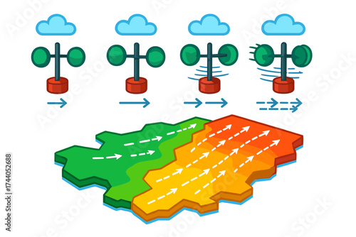 Wind Speed Anemometers. Isometric vector illustration set Wind Speed Zones Illustration: four anemometers spinning at different