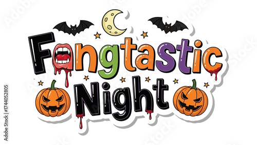 Fangtastic Night Illustration: A vibrant and playful illustration with bold typography, a grinning jack-o'-lantern, and spooky decorations evoking the spirit of Halloween festivities.