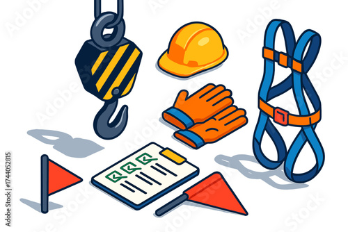 Construction Safety Gear. Isometric vector illustration set Crane Hook and Safety Gear: isolated hook with hard hat, gloves,