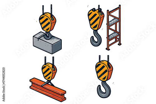 Construction Crane Hook. Isometric vector illustration set Construction Crane Hook: large steel crane hook suspended from cable,