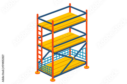 Vibrant Scaffold Illustration. Isometric vector illustration set Scaffolding Platform Levels: three-story scaffold with planks on