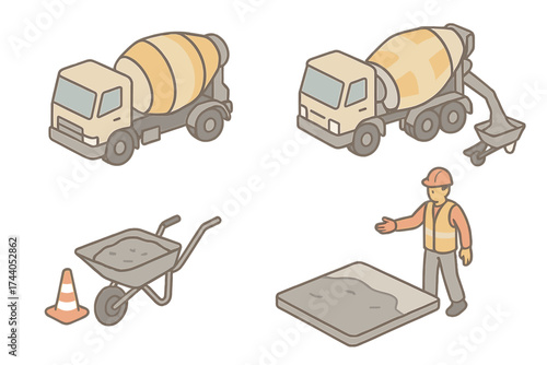 Construction Cement Pour. Isometric vector illustration set Cement Mixer Truck Pour: rotating drum vehicle, concrete chute flow,