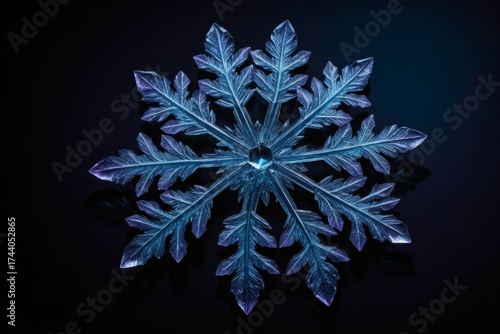 Makroaufnahme einer symmetrischen Schneeflocke mit feinen Details, auf dunklem Hintergrund, mit glitzernden Kristallen in der Mitte