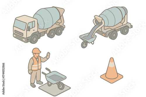 Construction Cement Pour. Isometric vector illustration set Cement Mixer Truck Pour: rotating drum vehicle, concrete chute flow,