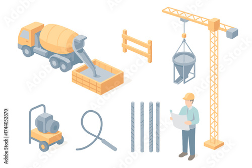 Industrial Concrete Pour. Isometric vector illustration set Industrial Concrete Pour Scene: large mixer unloading into form, crane