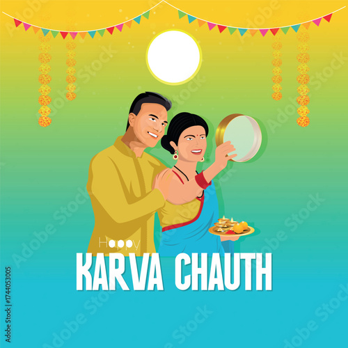 A joyful illustration of an Indian couple celebrating Karva Chauth. The wife holds a sieve (chalni) and puja thali while the husband stands by, set against a vibrant gradient background with flags.