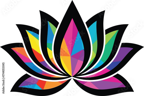 Dynamic black-outlined lotus flower graphic with petals filled by a vibrant, multi-colored geometric mosaic or low-poly pattern, symbolizing purity, meditation, and diversity.