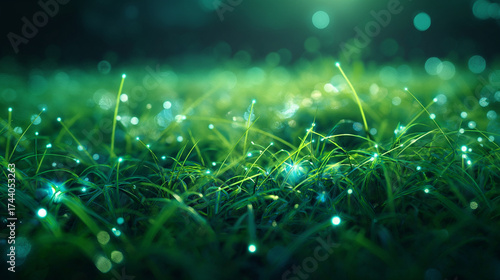 Green grass frames a glowing DNA fractal pattern with digital technology lines and subtle energy glow