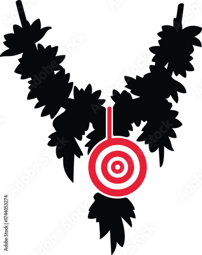 Bold black silhouette of a traditional indian floral garland or mala, featuring a central pendant in the shape of a red and white concentric ring target, symbolizing honor and purpose.