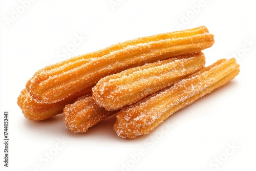 A close up pile of golden brown churros coated in sparkling sugar crystals on a white background