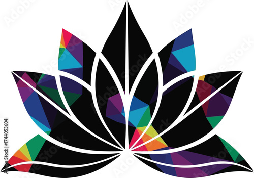 Modern abstract black lotus flower graphic with petals featuring a vibrant, multi-colored geometric mosaic or low-poly pattern, symbolizing purity, diversity, and spiritual energy.