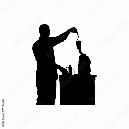 Scientist silhouette pouring liquid nitrogen experiment isolated on white background