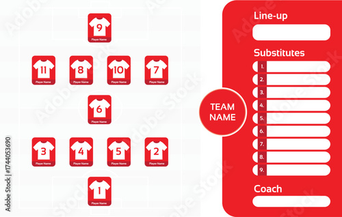 Soccer lineup formation red jersey white number match day tactical board team sheet coach substitute stadium atmosphere. Graphic shows starting eleven with numbered shirts, bench list