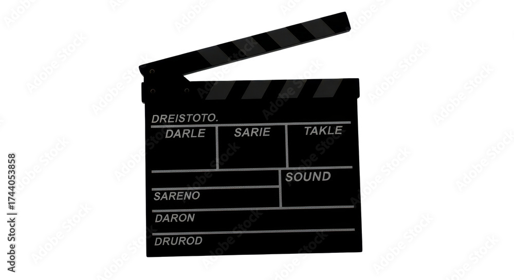 Fototapeta premium Classic movie clapperboard icon, black film slate with white text labels, cinema production equipment on transparent background, professional filmmaking tool