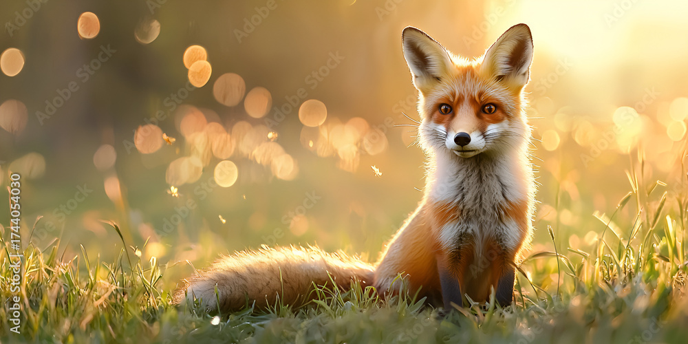 Fototapeta premium Curious fox in golden hour sunlight, nature's magic unfolds
