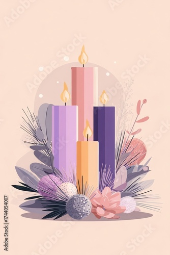 advent wreath with decorative plants, ornaments and 4 candles, pastel colors, modern minimalist flat illustration. Christmas, hygge aesthetic, religious and seasonal symbolism, winter holiday concept.