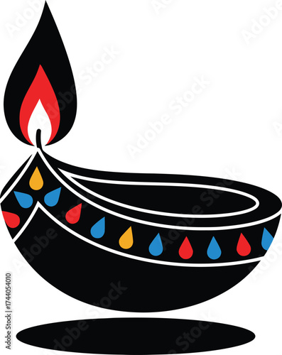 Bold black silhouette of a traditional indian diya oil lamp with a vibrant red and yellow flame, decorated with a colorful teardrop pattern, symbolizing diwali, light, and hope.