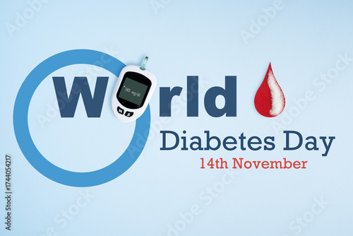 November 14 World Diabetes Day, healthcare and medical awareness theme, blood sugar glucose meter, blue circle sign of diabetes awareness.