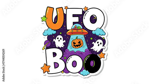 Halloween UFO: A vibrant Halloween-themed graphic with the word UFO above BOO, featuring a cartoon alien spacecraft, a pumpkin, and friendly ghosts in a whimsical style.