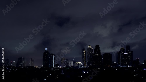 Time-lapse of Dark rain clouds rolling across the Bangkok skyline as thunder rumbles in the night.
