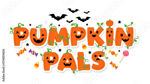 Pumpkin Pals: A charming, cartoonish illustration of Halloween's friendly embrace, displaying vibrant pumpkins transformed into delightful characters, surrounded by playful bats and festive candies