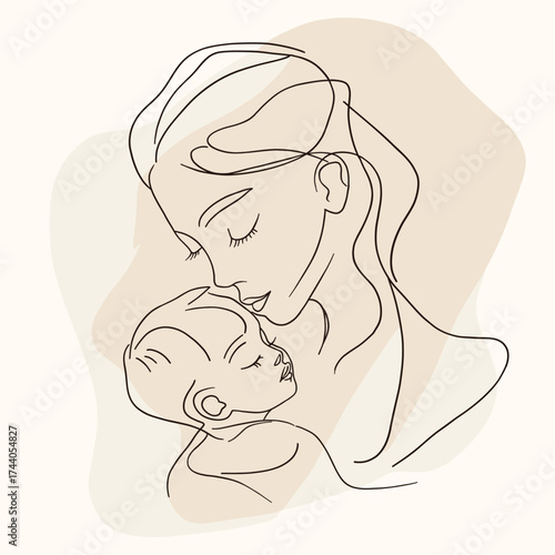 Gentle minimalist line art of a mother holding her baby, symbolizing love, care, and motherhood. Perfect for family, maternity, healthcare, and emotional design projects