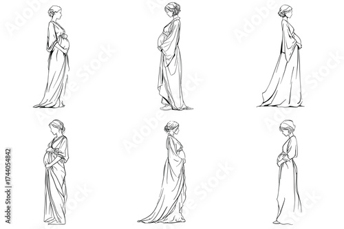 Collection of graceful pregnant women in long dresses drawn in clean black line art style. Ideal for maternity design, motherhood themes, posters, and health branding