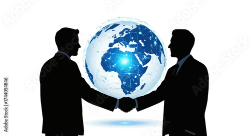 Global business partners sealing a deal with handshake in front of stunning digital world map, success concept.