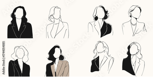Collection of elegant female portraits in minimalist line art and neutral colors. Perfect for fashion branding, social media, posters, and editorial design concepts