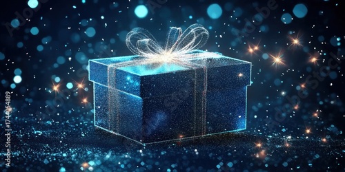 A beautifully wrapped abstract blue gift box glows with sparkling lights in a dark- magical setting- evoking a sense of wonder and celebration.