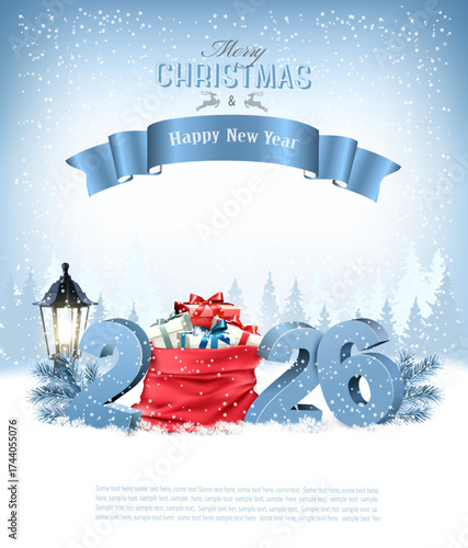 Merry Christmas and Happy New Year 2022. Blue 3D numbers with a red sack full presents on a winter landscape background. Vector
